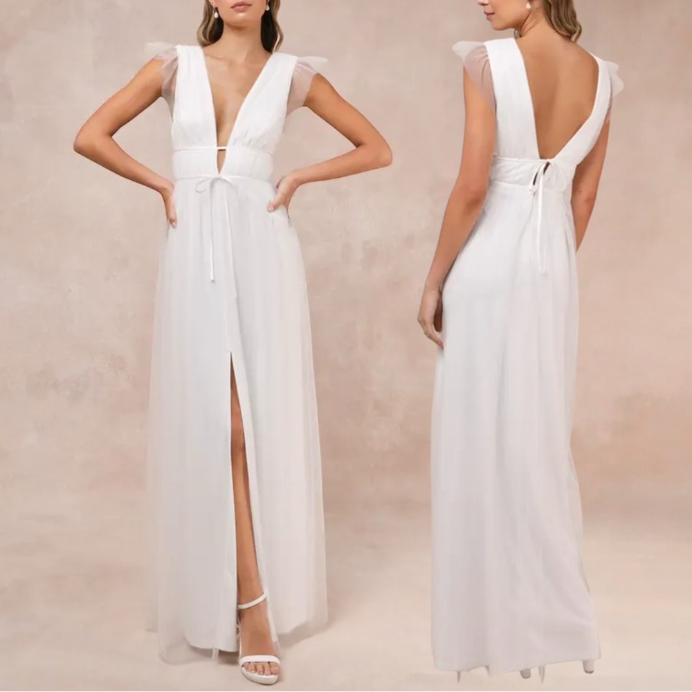 Lulu's White Plunge V-Neck Maxi Dress with Sheer Cap Sleeves